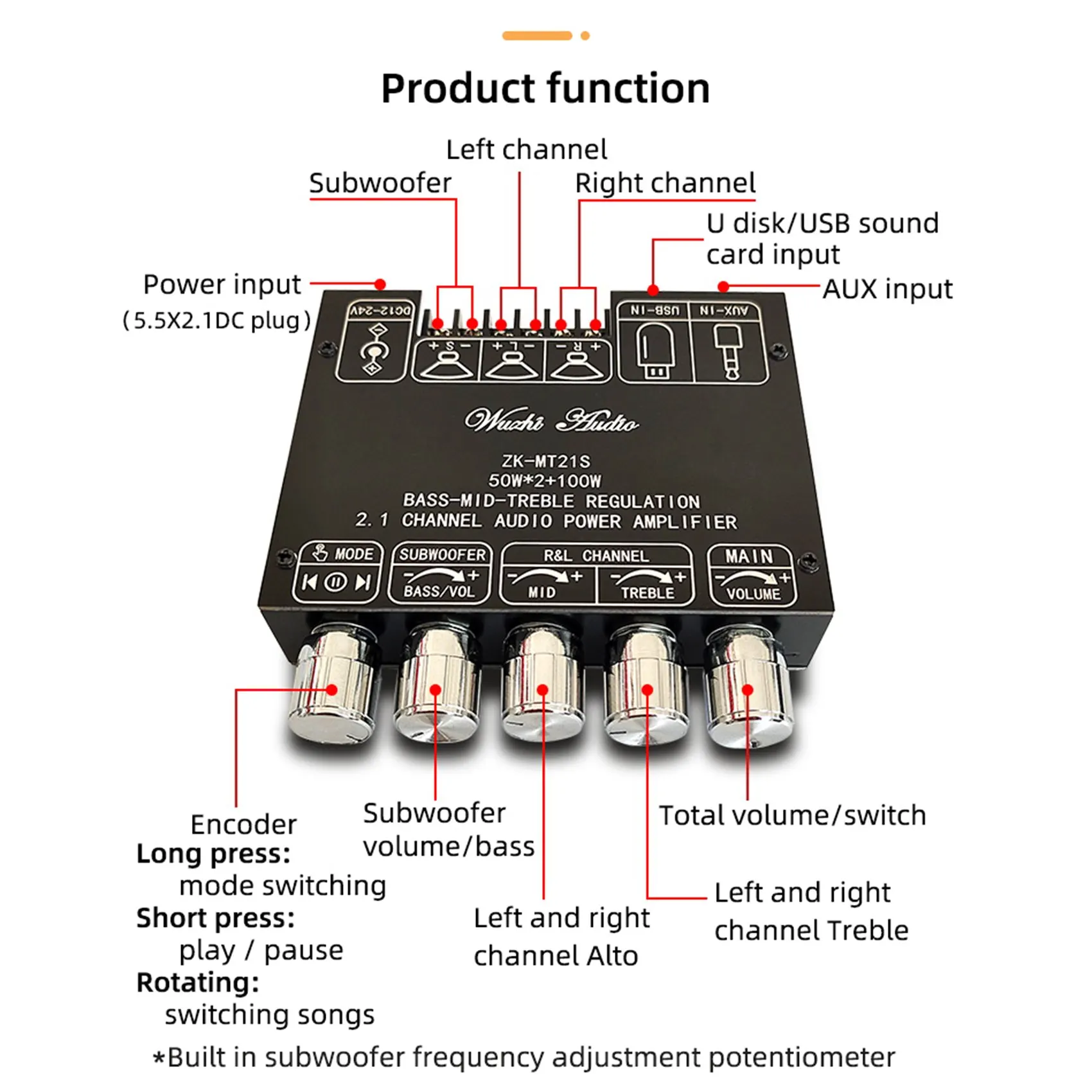 ZK-MT21S 2x50w 2,1 w 5.1-Kanal-Subwoofer-Digital-Leistungsverstärkerplatine Aux 12V 24V Audio Stereo Bluetooth 5,1 Bass