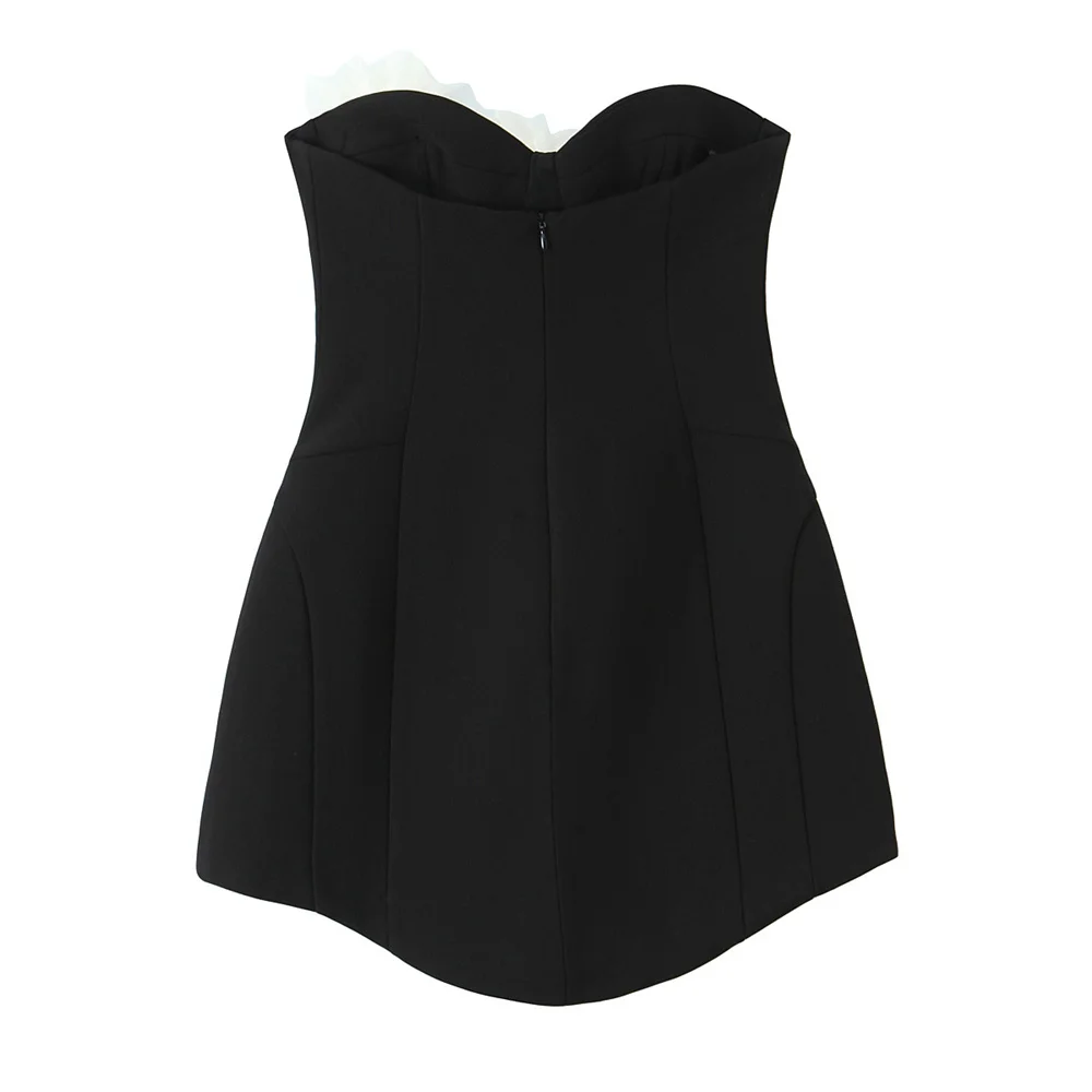 ملابس نسائية شتوية جديدة بمزاج فرنسي قصير على شكل قلب وياقة مكشوفة الأكتاف فستان بدون حمالات على شكل زهرة متباينة #2