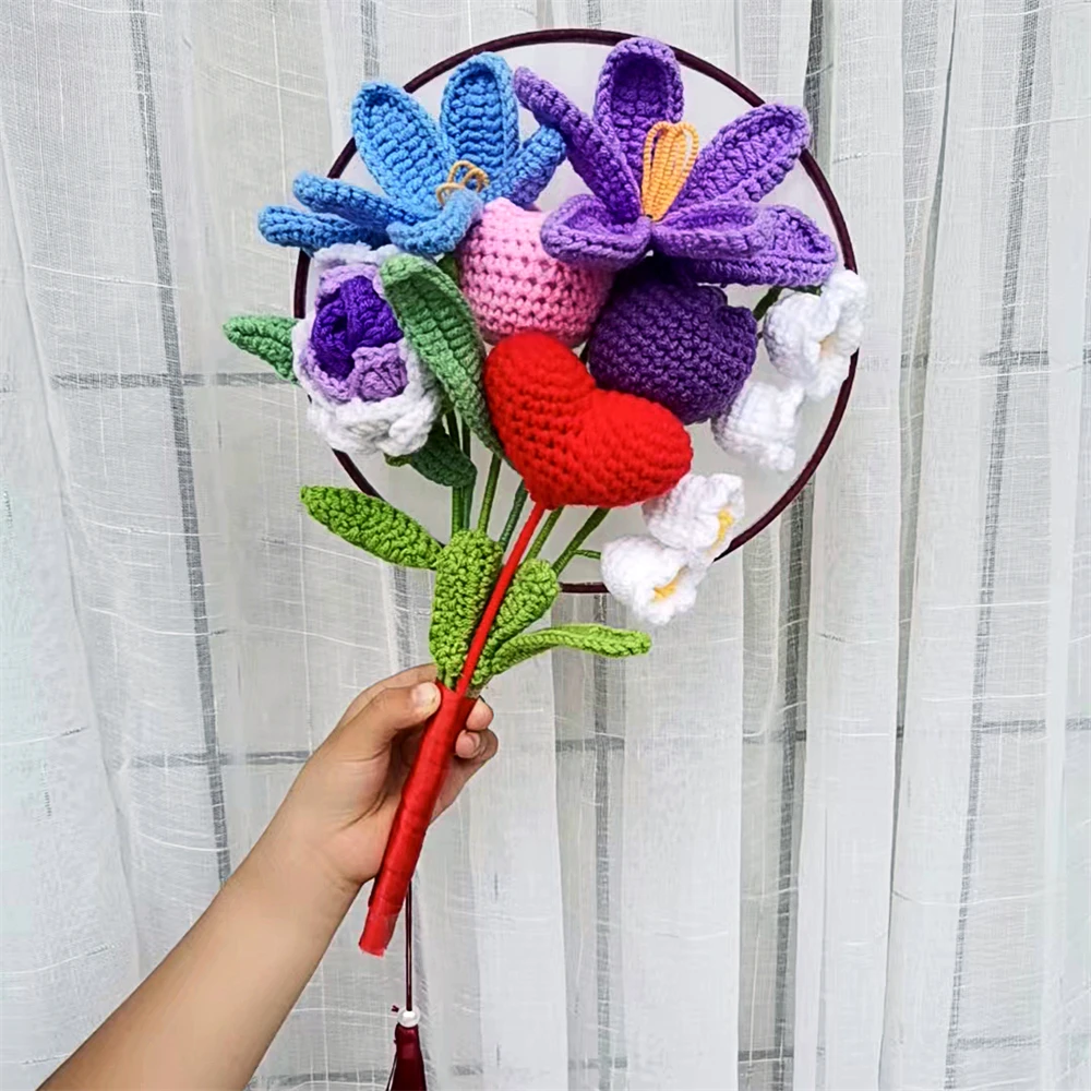 Crochet Lavender Bouquet Hand-woven Rose Tulips Flower Weaving By Bridal Wedding Bouquet  Accessories Valentine's Day Gifts