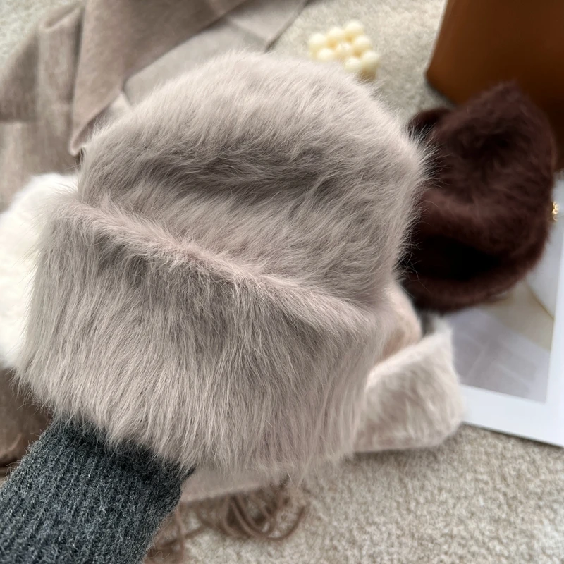 2023 neue Mode Kaninchen Fell Y2k Mützen für Frauen Weiche Warme Flauschigen Angola Winter Hut Weibliche Winddicht Motorhaube Hut Skullies Kappe – Detail 7