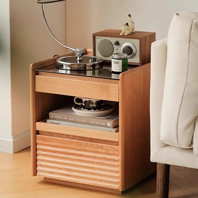 Solid wood bedside table Household bedroom Nordic cherry wood small apartment Japanese cream style high-end bedside storage cabi