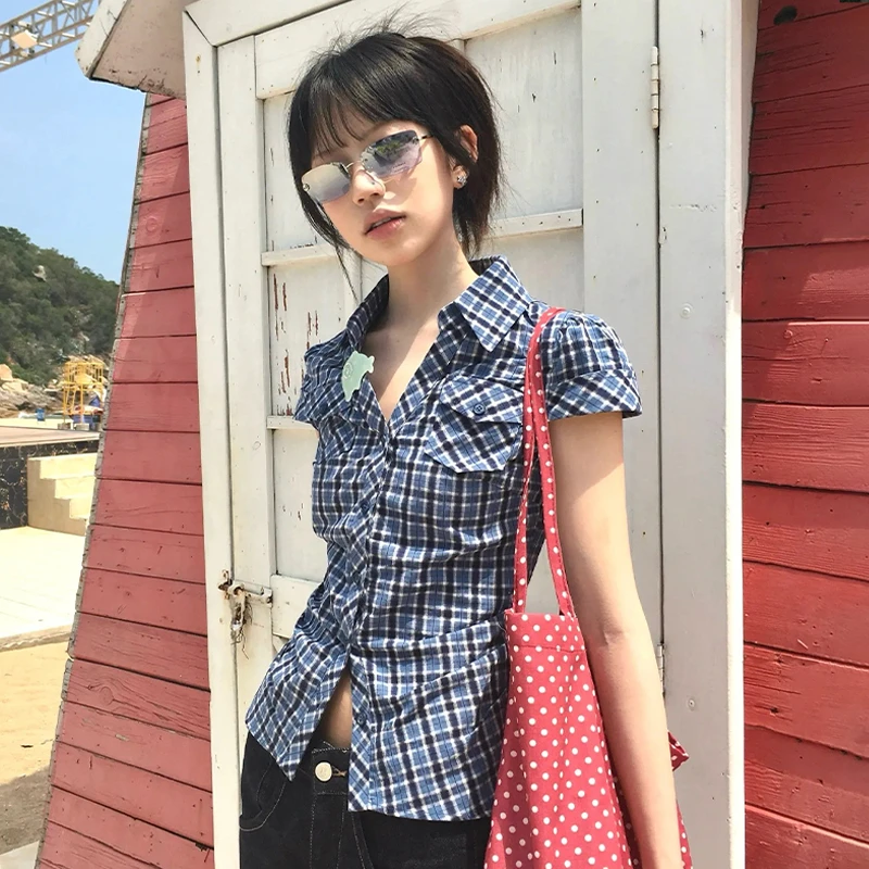 

Japanese Y2k Plaid Shirt Vintage Harajuku V-neck Blouses Korean Fashion Women Short Sleeve Shirts 2000s American Retro