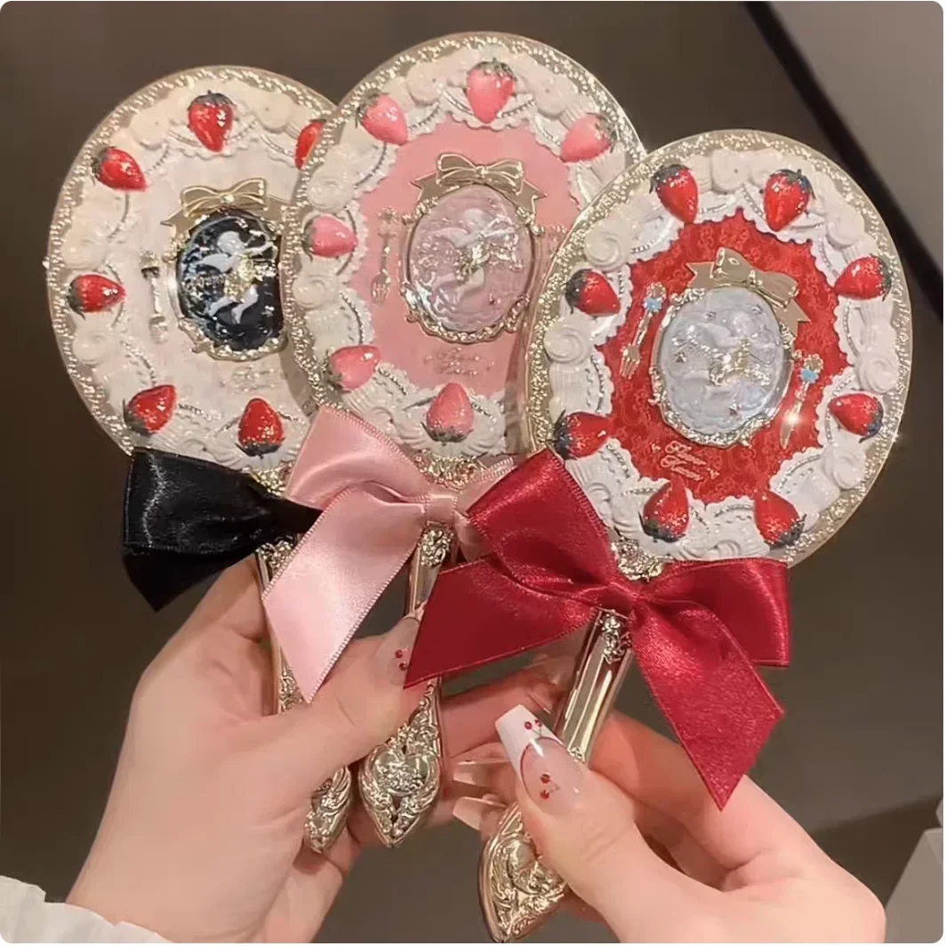 Flower Knows Strawberry Cupid Collection Hand Holding Mirror 3 Types Exquisite Relief Makeup Tools Pink Red Black