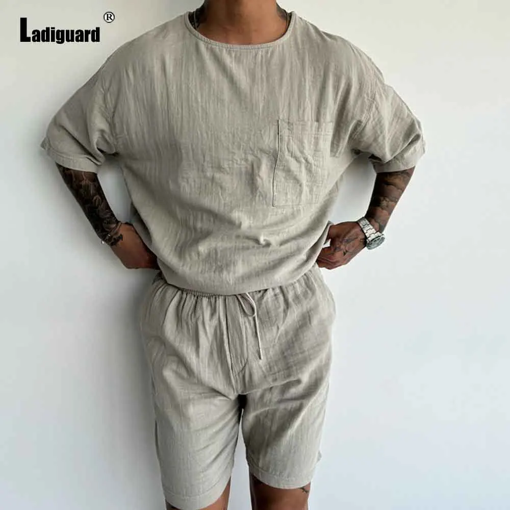 Mens Casual Board Two Piece Sets 2025 European Short Sleeve T-shirt and Solid Khaki Black Shorts Suit Male Beach Tracksuits Set