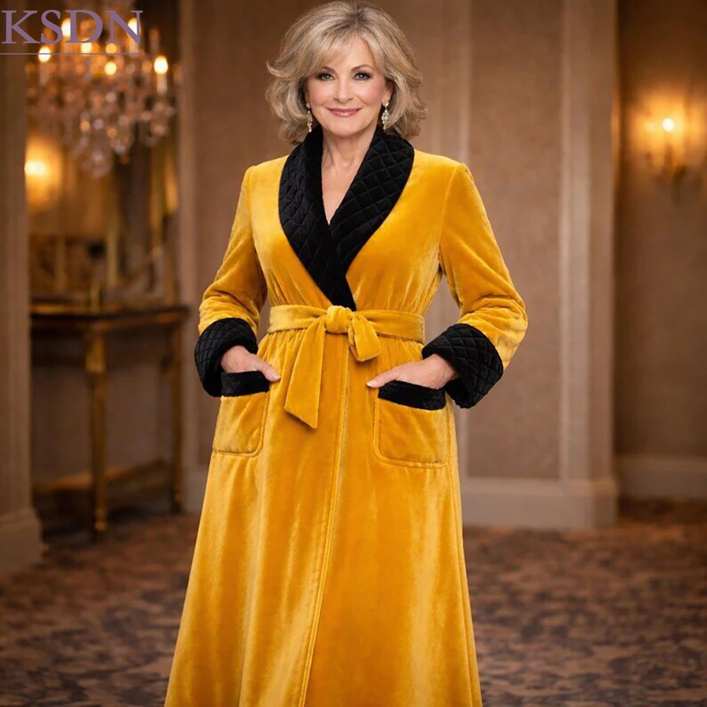 Casual Daily Yellow Velvet Women's Overcoat Fashion Daily Belted Jacket ustomzied Black Shawl Lapel 1 Piece Outfits