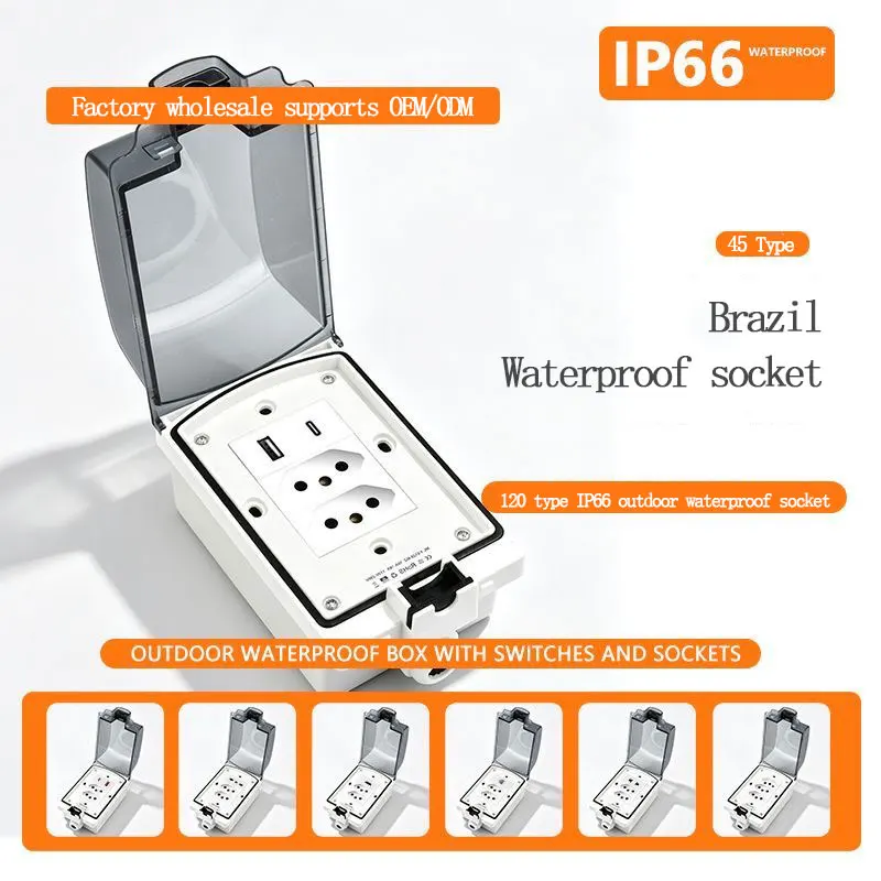 Outdoor IP66 Waterproof Box with Brazilian Socket 16A Fast Charging USB Type-C 20W Protected Box for Balcony Eu Fr It Standards