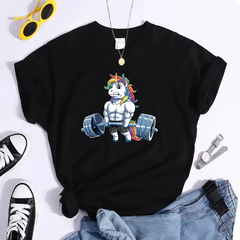 

Funny Sport Unicorn Fitness Bodybuilding Cute Prints Women T-shirt Summer Casual Short Sleeve Street Loose Breathable Top