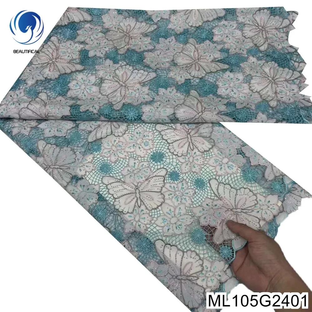 

Elegant Floral and Butterfly Designs，Nigerian Water Soluble Cord Lace Fabric, Dazzling Rhinestones Evening Dress , ML105G24