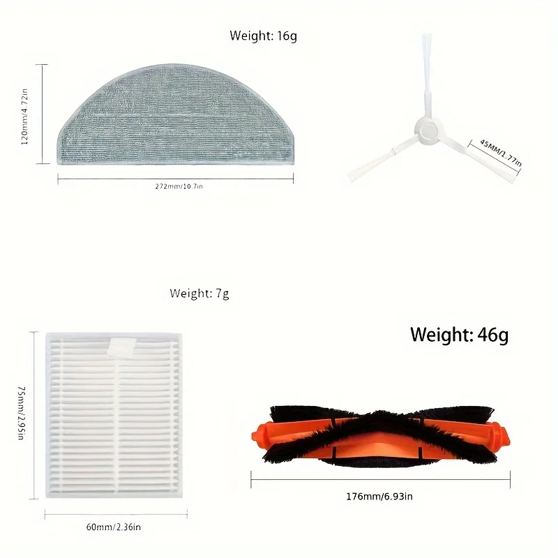 Replacement Accessory Kit For Xiaomi Robotic Vacuum Cleaners E10, E12, and B112：Main Brush, Side Brush, HEPA Filter, and Mop Pad