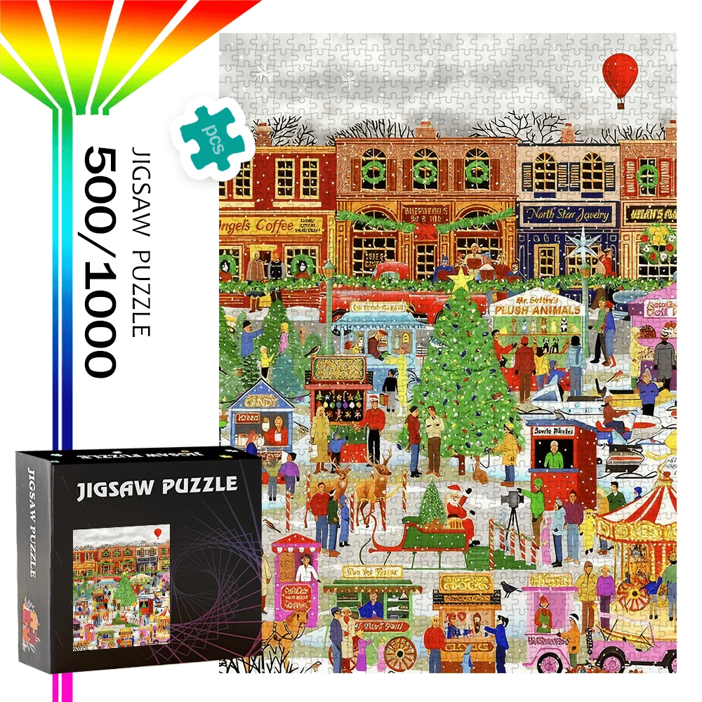 Festive Christmas Town Market Scene Jigsaw Puzzle Adult Holiday Theme Intellectual Game Home Leisure Decorative Puzzle Toy