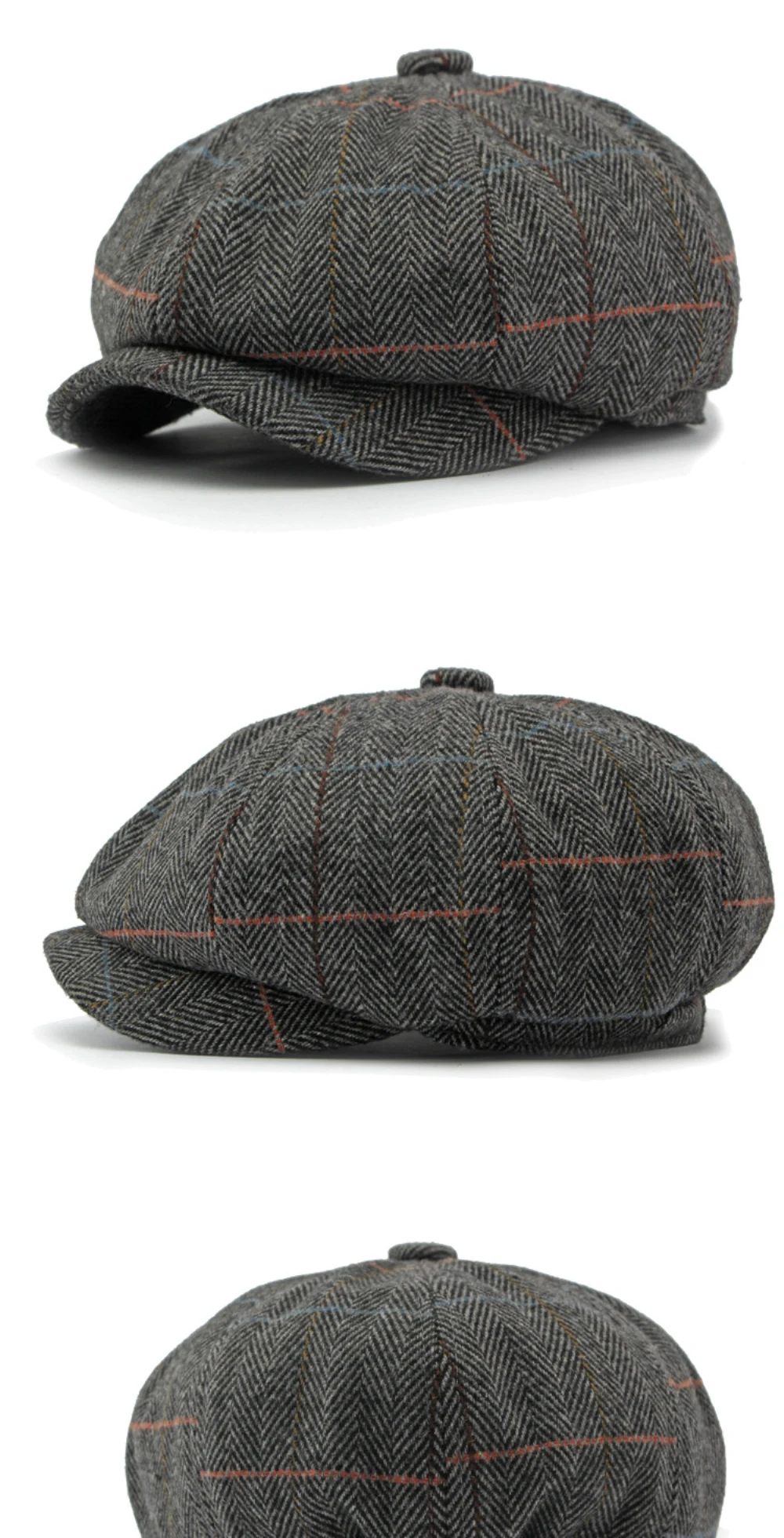 HT4255 Baskenmützen für Männer und Frauen, Retro-Künstler-Malermütze, karierte achteckige Ivy-Flachmütze für Herren und Damen, Herbst-Winter-Wollmütze – Detail 11