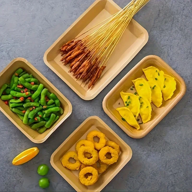 100Pcs Rectangular Paper Plate Kraft Disposable Tray Rectangular Dinner Plate BBQ Snack Thick Fruit Plate