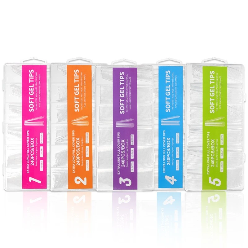 اضافية كبيرة 240 قطعة شفافة كاملة المغطاة الاكريليك ملحقات الأظافر الدنيم نمط طويل مسمار نصائح بالجملة حزمة DIY بها بنفسك جميلة