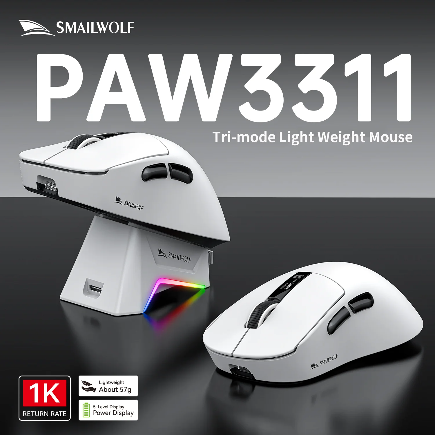 

Tri-mode Game Mouse Rechargeable Digital Display PAW3311 RGB Light Effect Magnetic Seat Charging Play Game Mause Ergonomics