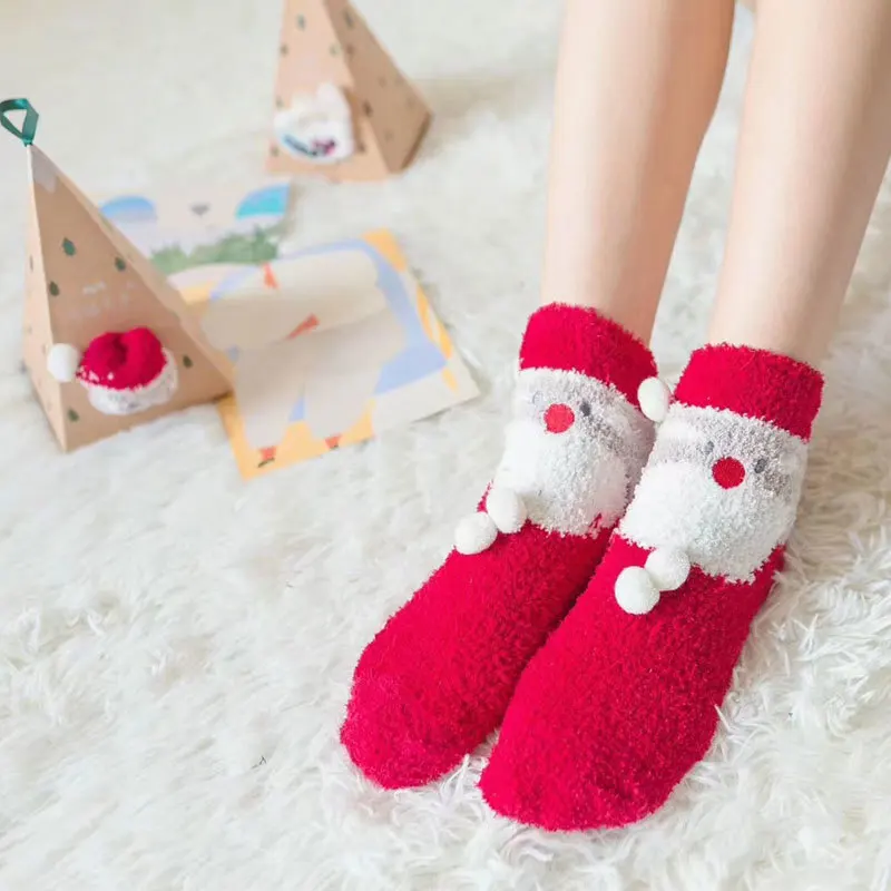 New Women Cozy Solid Socks Fawn Bunny Alpaca Santa Claus Cartoon Funny Socks Winter Warm Sleep Fleece-lined Socks Christmas gift