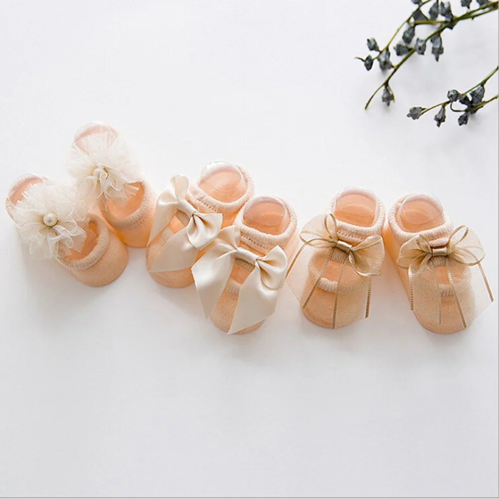 

1Pair Non-Slip Baby Socks Soft Breathable Anti Lace Flower Bow Tie Floor Socks for 0-36 Months Light Orange Size M