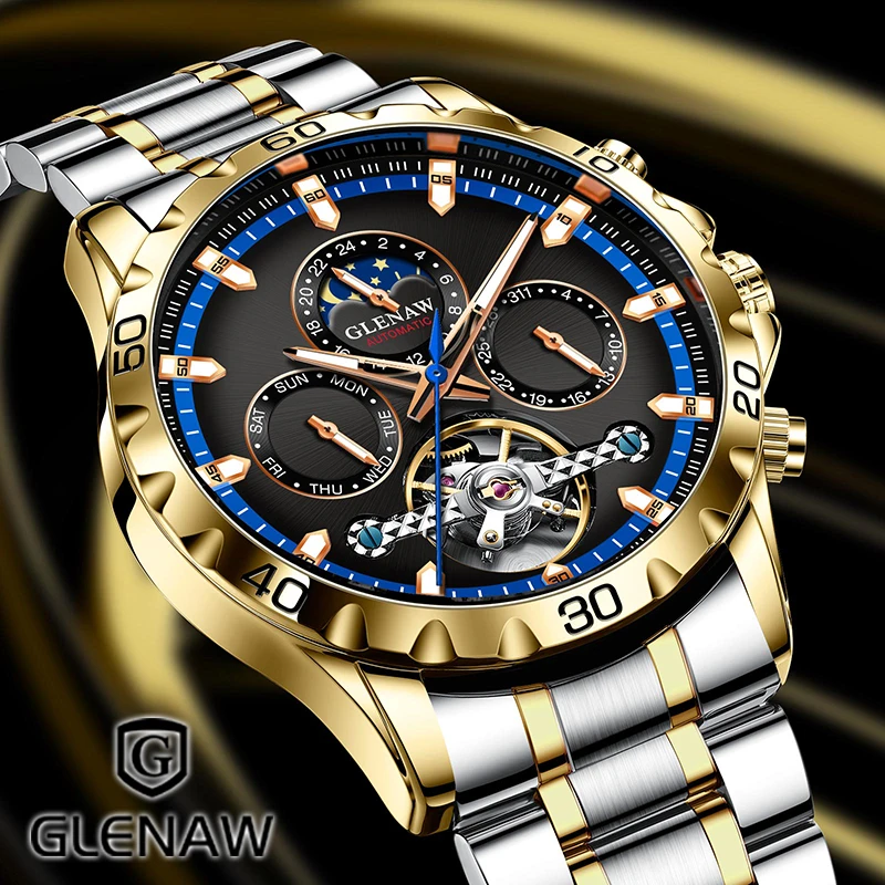 

GLENAW новые многофункциональные механические часы мужские ремешок из нержавеющей стали календарь фаза Луны неделя ночник водонепроницаемые часы