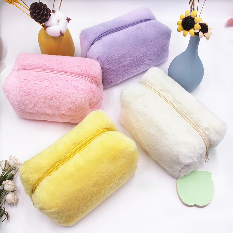 1Pcs Macaron Candy Color Plush Pen Bag Makeup Handbag For Women Travel Cosmetic Bag Organizer Case Lady Girls Make Up Case