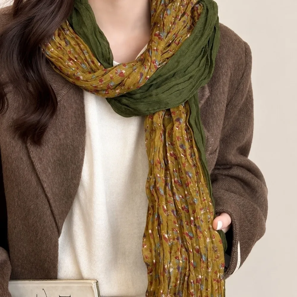 Vintage Flower Printed Pleated Scarf Yarn Color Block Neck Wrap Keep Warm Shawl Neck Warmer Autumn