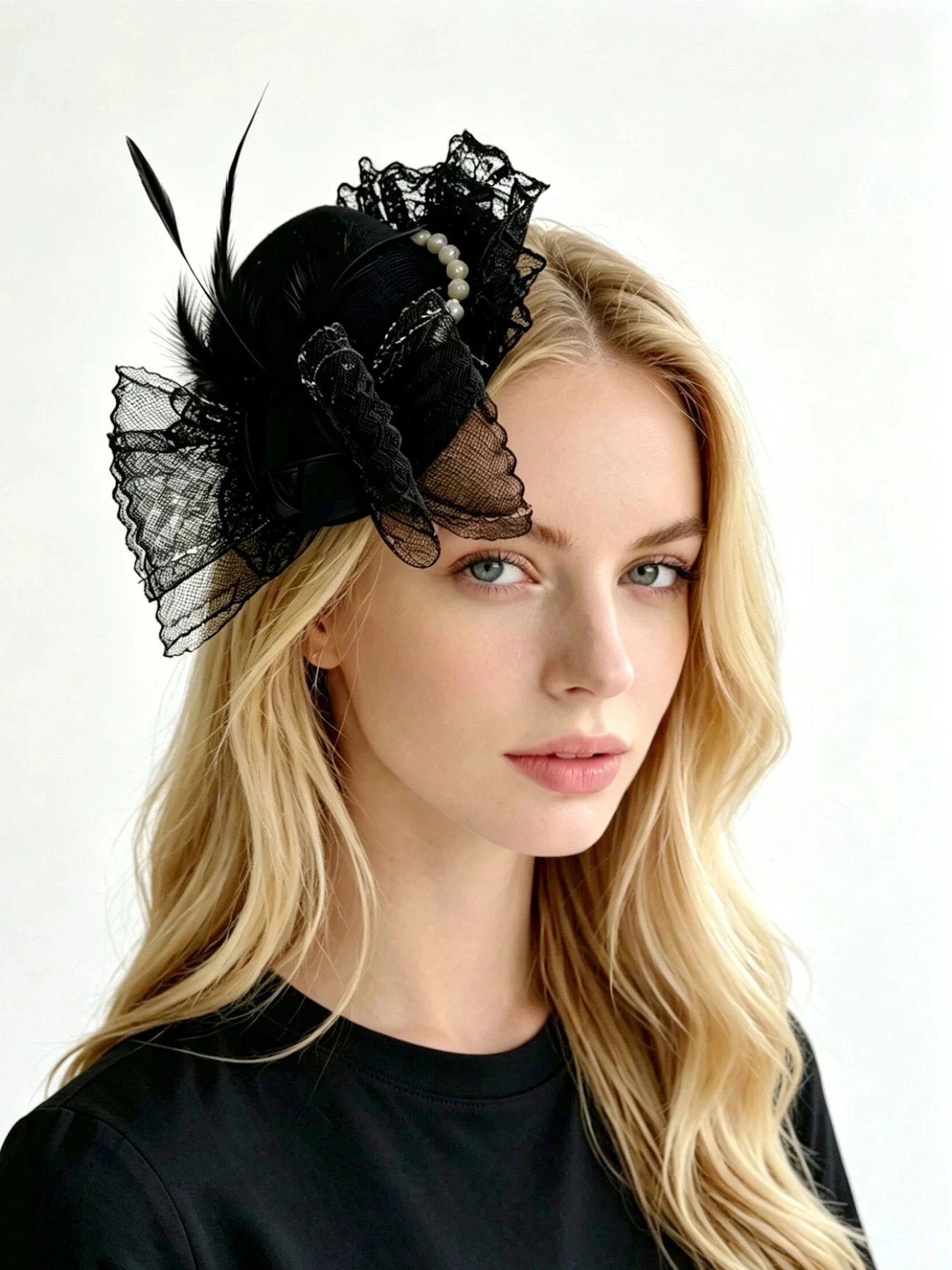 

‌Elegant Black Lace Pearl Fascinator Hat for Wedding Bride, Formal Events, Races - US Adjustable Size