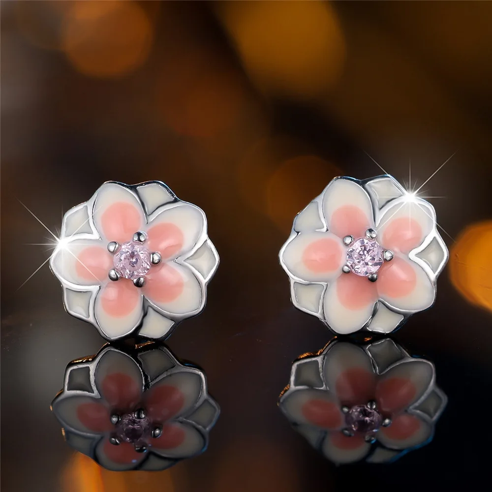 European and American new sweet gradient powder drop oil magnolia earrings with fresh flowers and zircon inlaid accessories