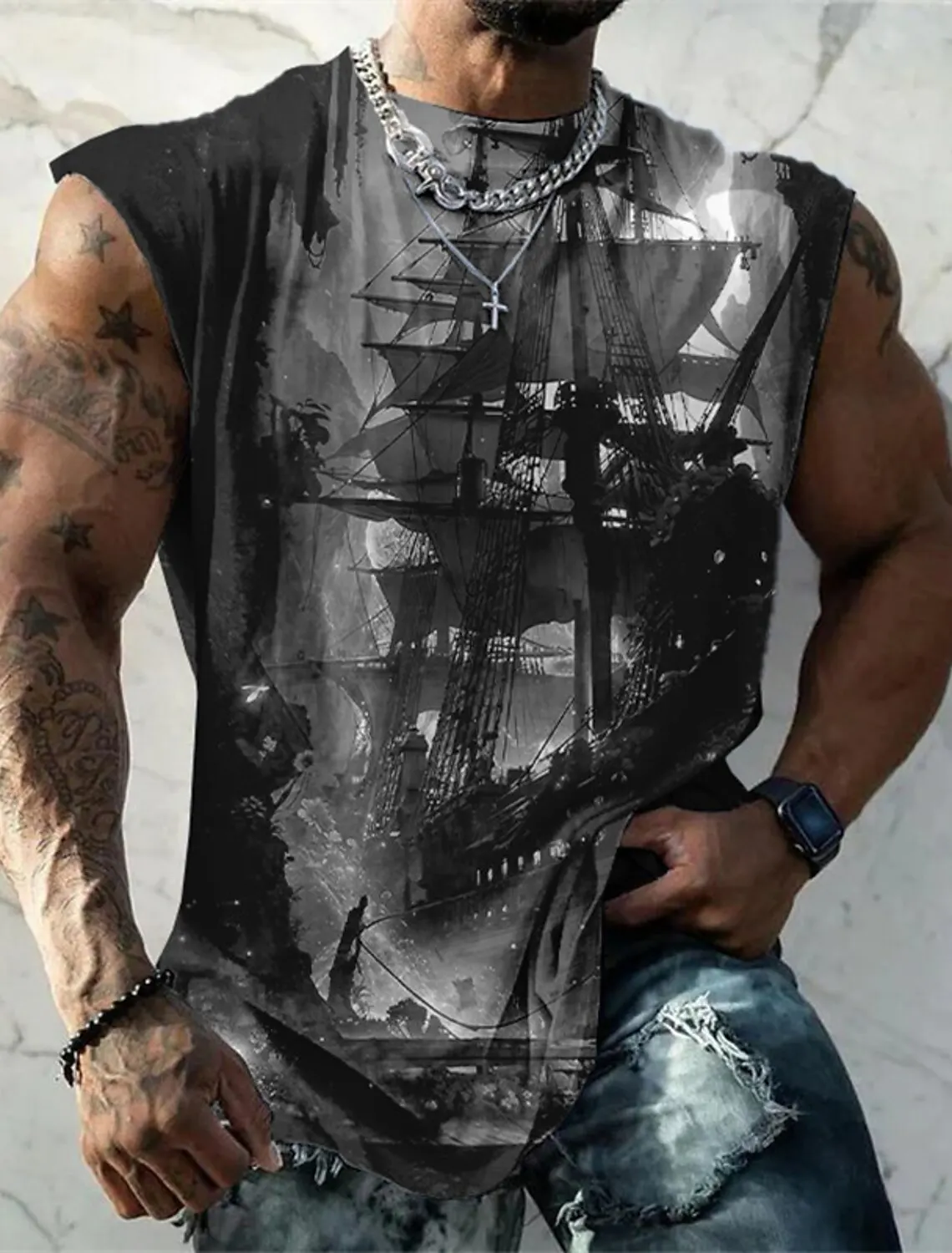 Four Seasons Vest Men's Gym Training Clothing Quick Dry Bodybuilding Sleeveless Shirt Men's Vintage Boat Rudder Print Vest