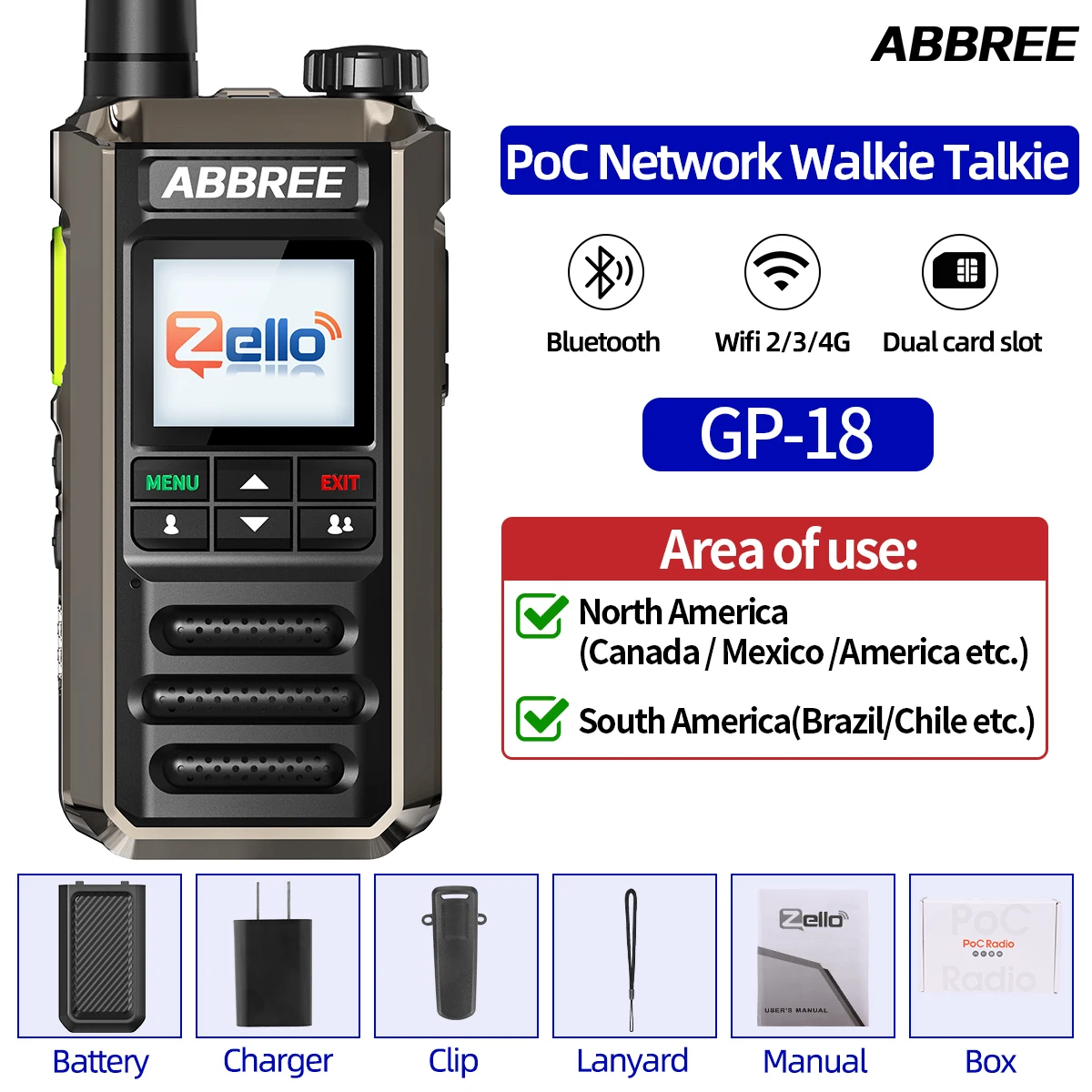 ABBREE GP-18 Zello PoC Radio Global Onbeperkt Afstand Dual Sim-kaartsleuven Android Bluetooth Zaklamp WIFI 3G /4G Netwerk Radio
