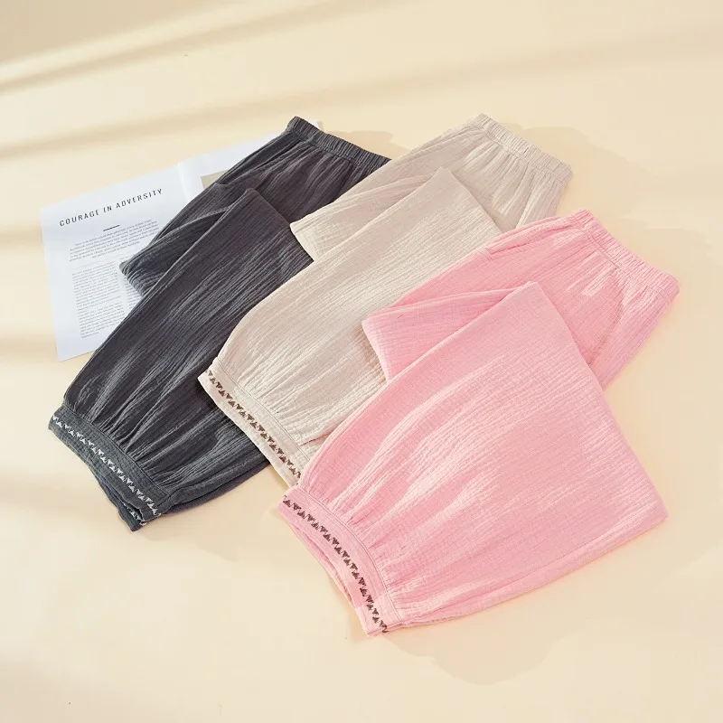 Women's Double-layer Cotton Gauze Lantern Pants, Ultra-Soft Breathable Crinkled Fabric, Embroidered Lace Cuffs & Pockets.