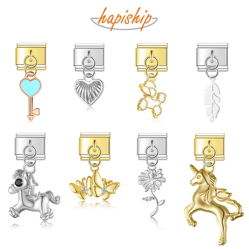 Hapiship Original Daisy Heart Horse Butterfly Key Dog Charm Links Fit 9mm Bracelet Stainless Steel Jewelry DIY Making DJTop36