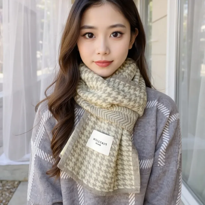 جديد الكورية نمط تنوعا طالب زوجين محبوك الرقبة أدفأ بسيط شتاء دافئ وشاح houndstooth للنساء