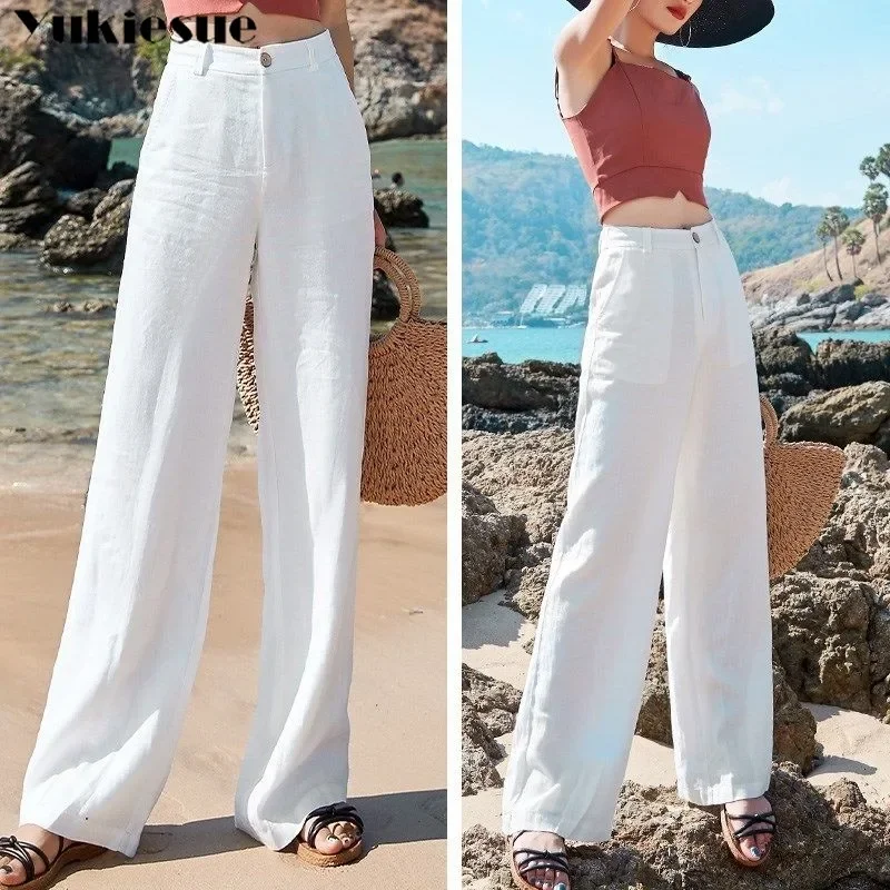 Pantaloni da donna in cotone e lino a gamba larga Pantaloni invernali foderati in pile causali caldi Pantaloni estetici larghi a vita alta coreani Y2K