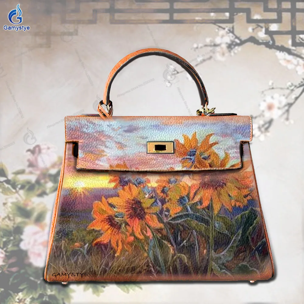 

Женские модные сумки, роскошные дизайнерские бренды, сумка-мессенджер, красочный узор с рисунком масляной живописи подсолнечника, натуральная коровья кожа, художественное масло G