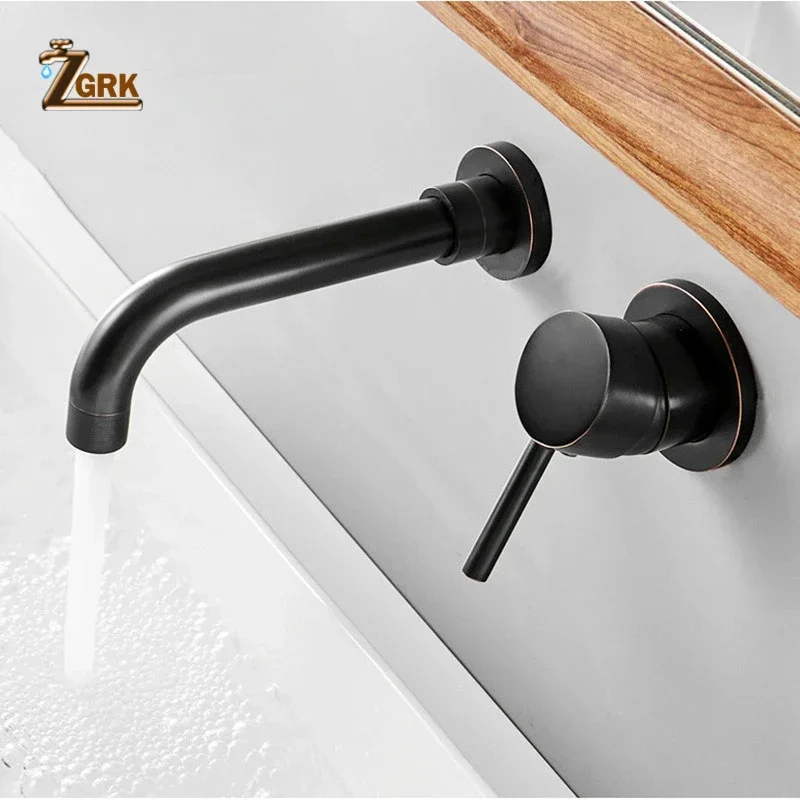 ZGRK Wall Basin Faucet Set One Handle Two Hole Wall Mounted Brass Bathroom Sink Faucet Hot and Cold Wall Tap