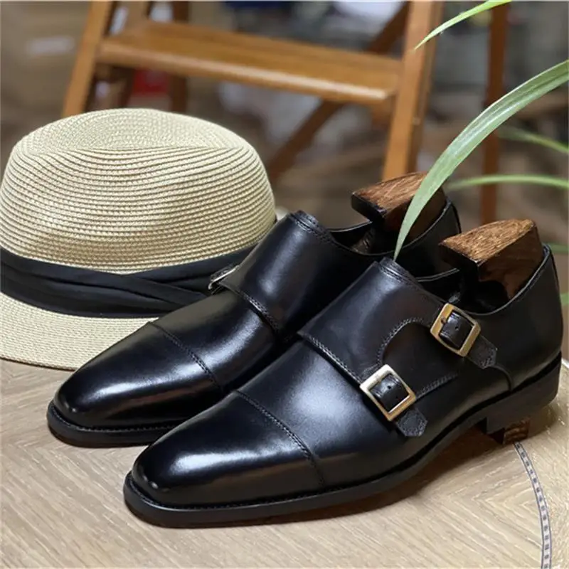 Men Monk Shoes Leather Square Toe Low Heel Three-stage Double Buckle Fashion Business Casual Classic Dress Shoes