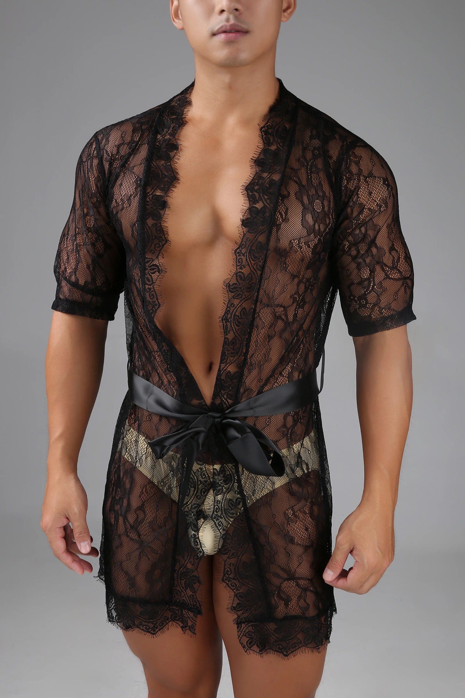 Męska bielizna erotyczna, seksowny szlafrok koronkowy, odzież nocna, prześwitujący, crossdressing, bata hombre, szlafrok nocny, pas, kimono, koszula nocna