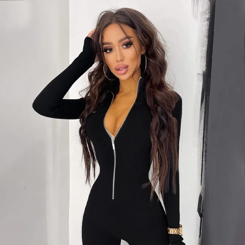 

2025 New Autumn Women's Solid Color Long Sleeve Zipper Waist-cinching Slimming Jumpsuit Lightweight Yoga & Gym Exercise Wear