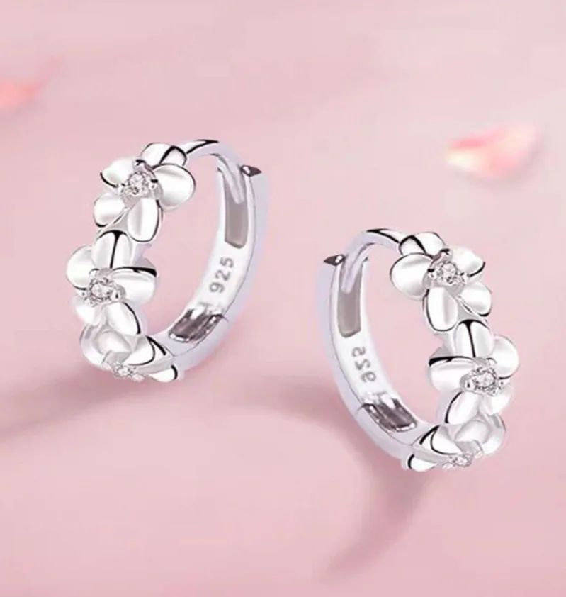 925 Sterling Silber Kleine Blumen Runde Creolen für Frauen Charm Schmuck Geschenk Neues Damenmode-Accessoire – Detail 1