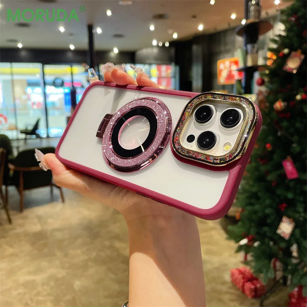 Bling Glitter Diamond Bracket Magnetic Case for iPhone 15 16 ProMax 14 13 12 11 Pro Max 16 Plus Magsafe Shockproof Bumper Cover