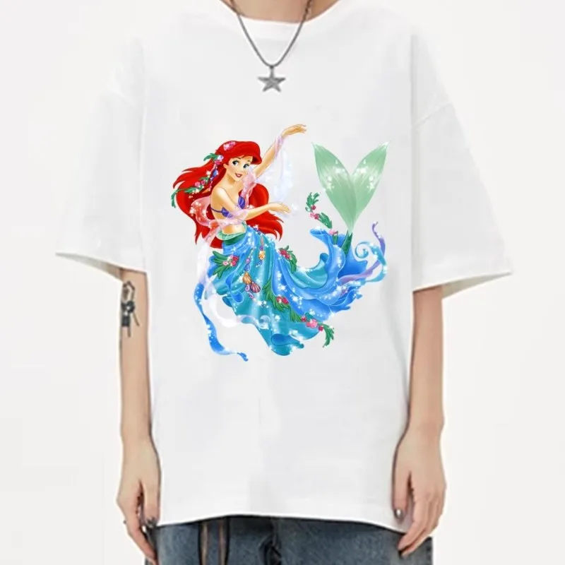 MINISO Disney Little Mermaid Ariel T Shirt Women Couple Clothes Short Sleeve Collar Fashion Man Cotton Summer Sporty