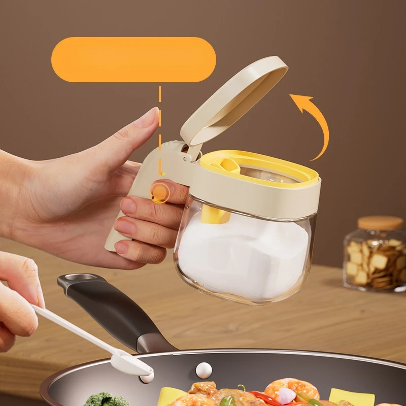 Creative One Touch Open Close Kitchen Spice Jar with Handle Flip Lid Transparent Glass Spice Container with Spoon