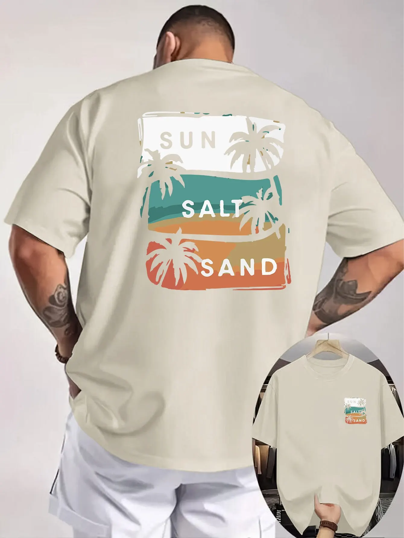 Sun Salt Sand Beach Graphic Men's Cotton T-Shirt Vacation Print Breathable Round Neck Tee