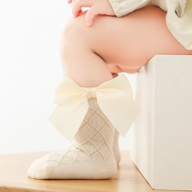 2024 Spring Summer Mesh Baby Solid Color Bow White Socks New Korean Sweet Kawaii Ankle Stocking for Newborn Girls Accessories