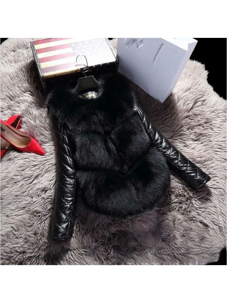 Kurtka europejska amerykańska modna miejska ze sztucznego futra, łączona ze skóry PU, złota, camel, wykwintna, elegancka, do pracy, wygodna, ciepła, na randkę