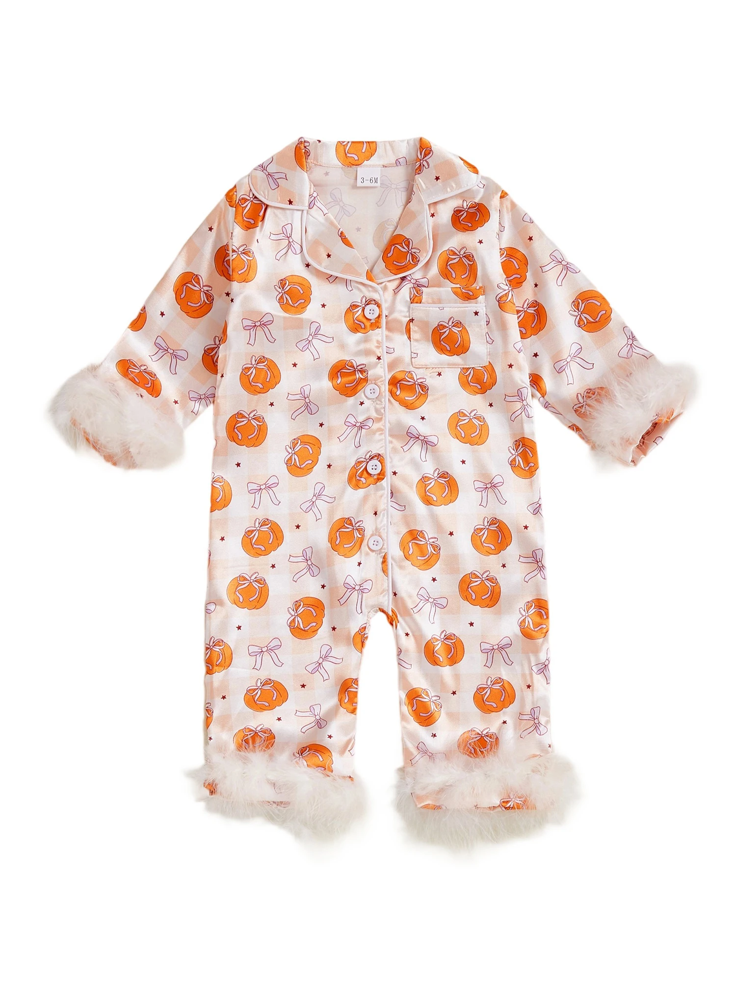 

Baby Girls Halloween Pajamas Feather Cuffs Pumpkin Ghost Print Button up Long Sleeves Jumpsuit for Loungewear Sleepwear