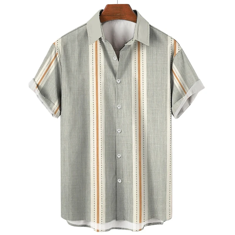 스트라이프 프린트 상의, 오버사이즈 남성 의류, 캐주얼 반팔 버튼 블라우스, 하와이 셔츠, 여름 패션