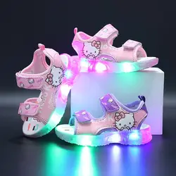 Sandalias coreanas de hello Kitty para niños, zapatos de playa con luz LED y dibujos animados, edición rosa y púrpura, novedad de verano 2024