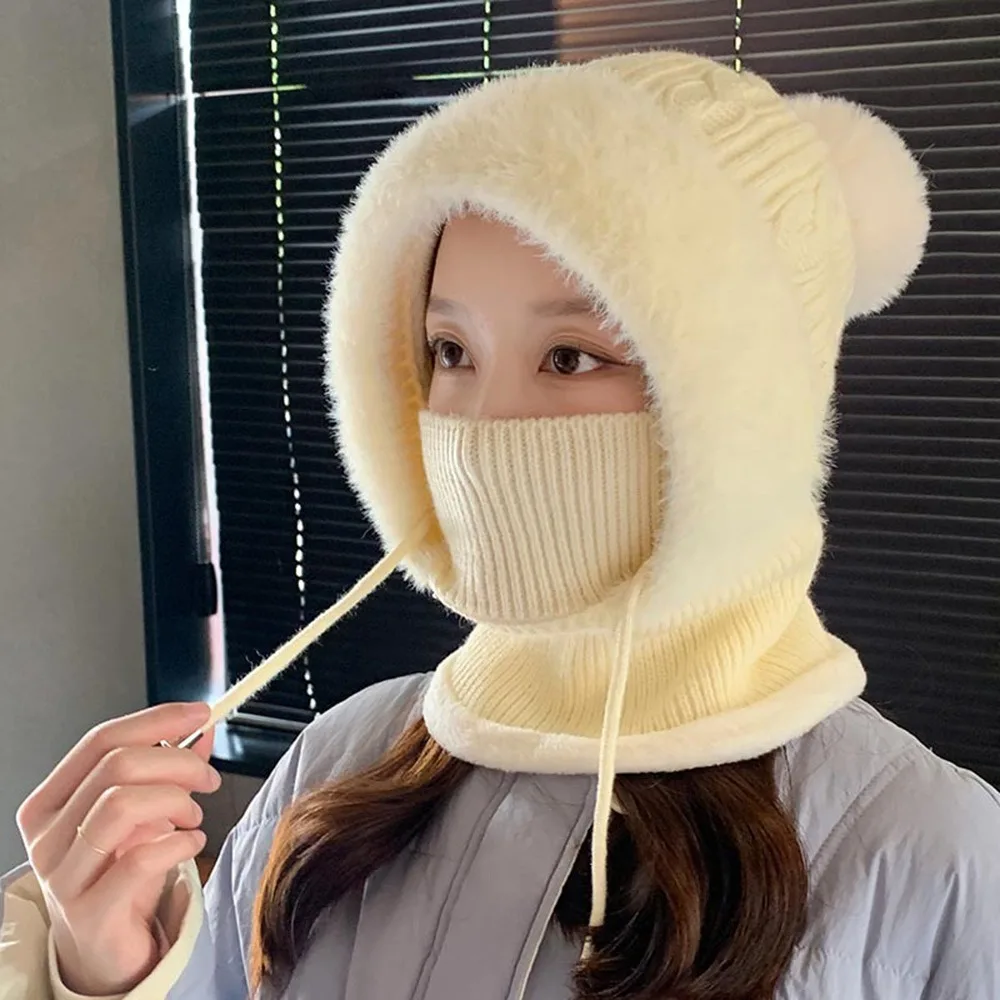 

Fashion Knitted Hat Ears Protection Warm Balaclava Hat Solid Color Beanie Cap Women