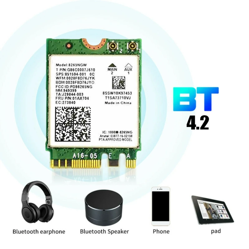 AC8265 Wifi Card+6DB Antenna Network Adapter For Jetson Nano 300Mbps+867Mbps 2.4Ghz 5Ghz Dual Band NGFF BT4.2 Module