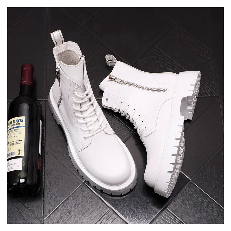 Men Luxury Fashion Genuine Leather Boots Black White Brand Designer Shoes Stage Nightclub Motorcycle Boot High Platform Botas view 5
