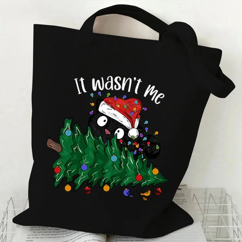 

Праздничная рождественская черная кошка Meowy с елочными огнями, холщовая большая сумка, забавная праздничная многоразовая сумка для покупок